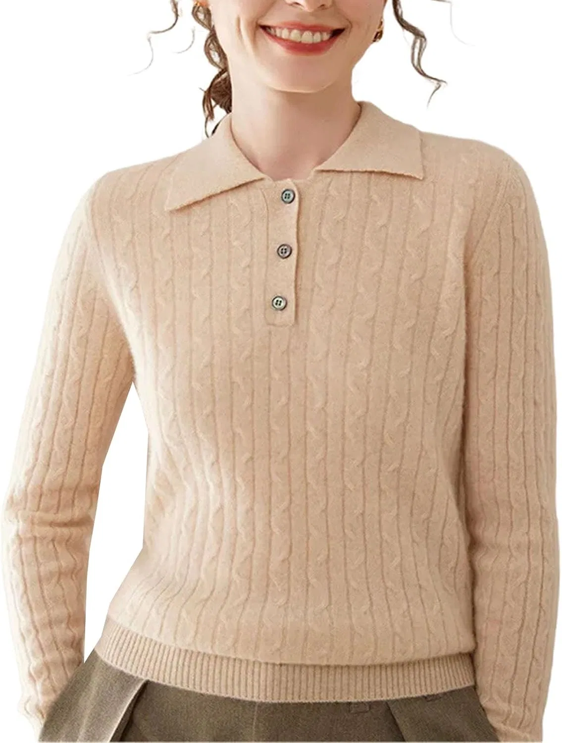 Женский пуловер с воротником и скрученным узором, Green Velvet Beige