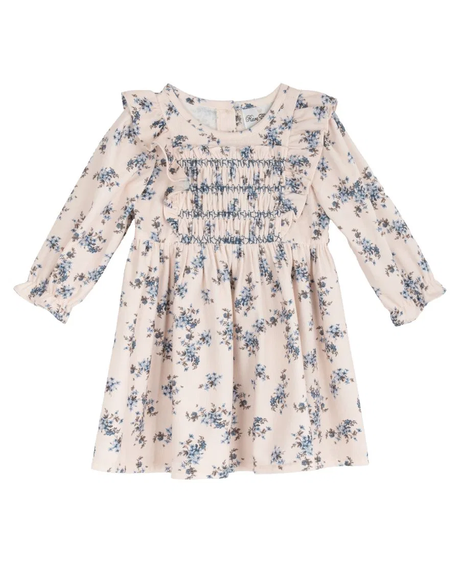 Платье из вельвета с принтом, длинным рукавом, модель Floral Print Hand-Smocked Corduroy Dress Rare Editions, Blue