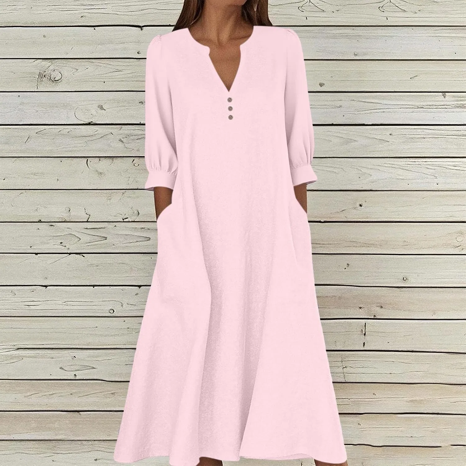 Женское свободное макси-платье с V-образным вырезом Cotton Linen, Pink — фото 2