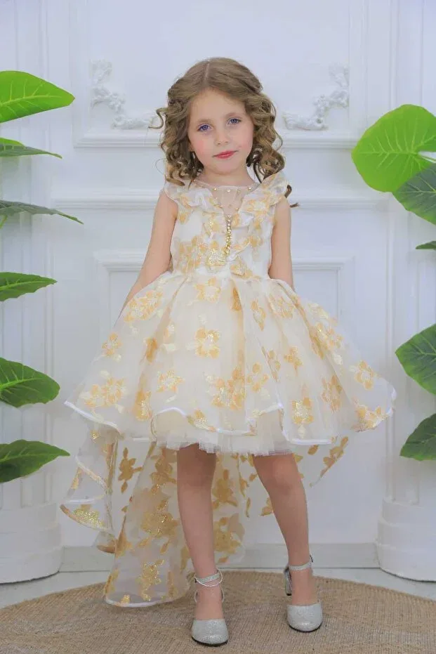 Детское платье для девочек с принтом Short front and back long flower patterned stone detailed girl's evening dress Miss Rain, Cappi — фото 3