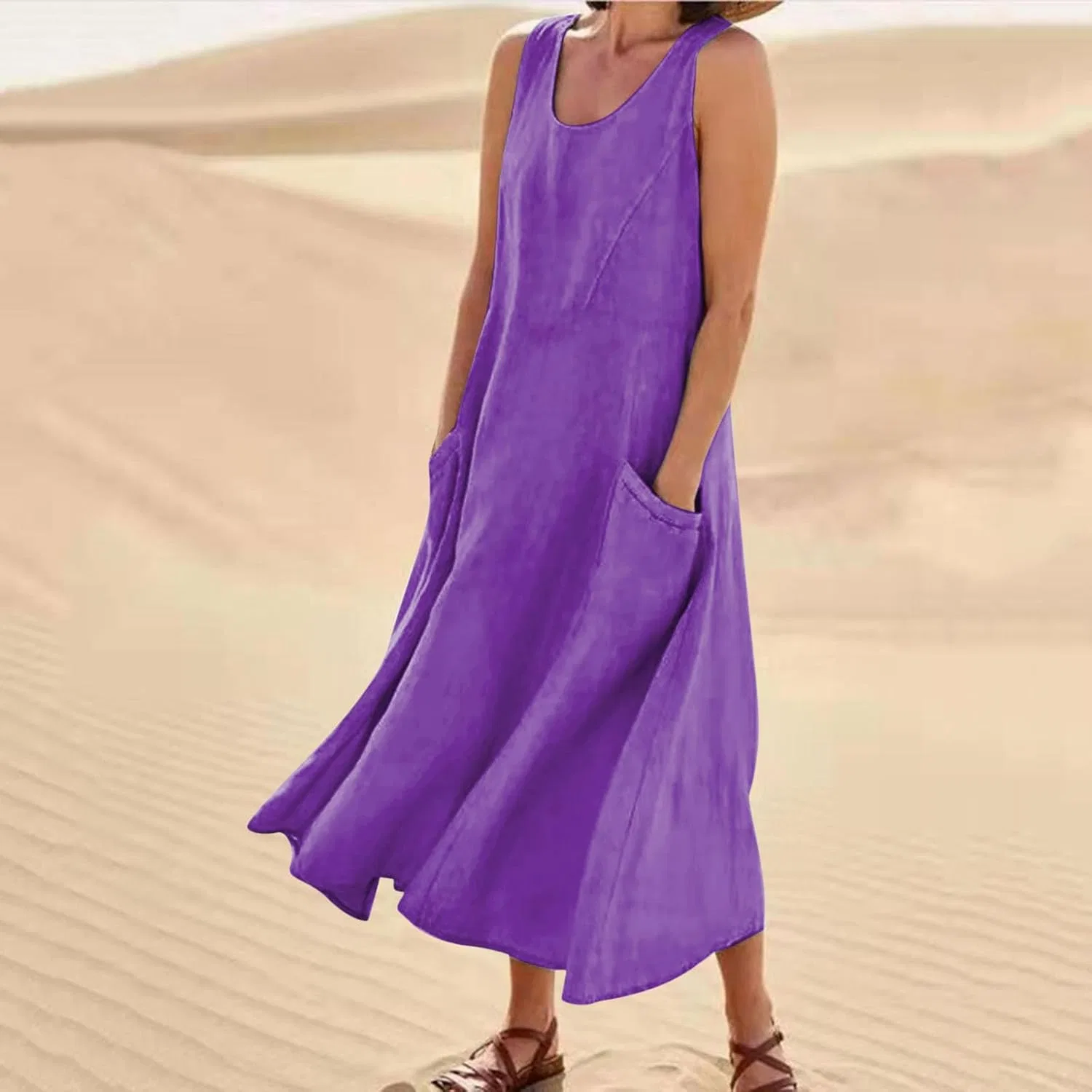 Женское свободное макси-платье без рукавов Linen Dress, Purple — фото 2