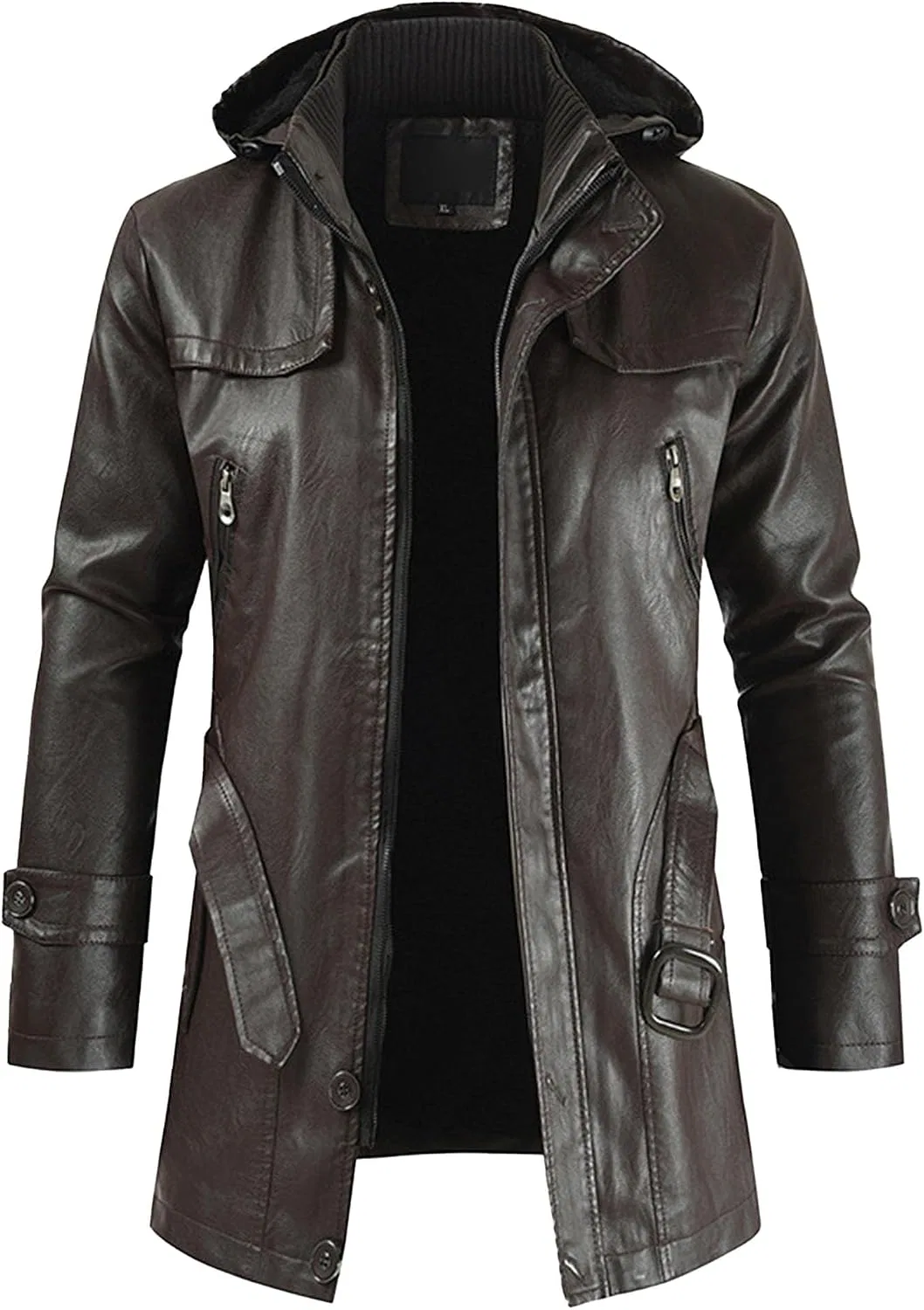 Мужское пальто из кожзама с капюшоном, на молнии, Vintage Biker, кофейный