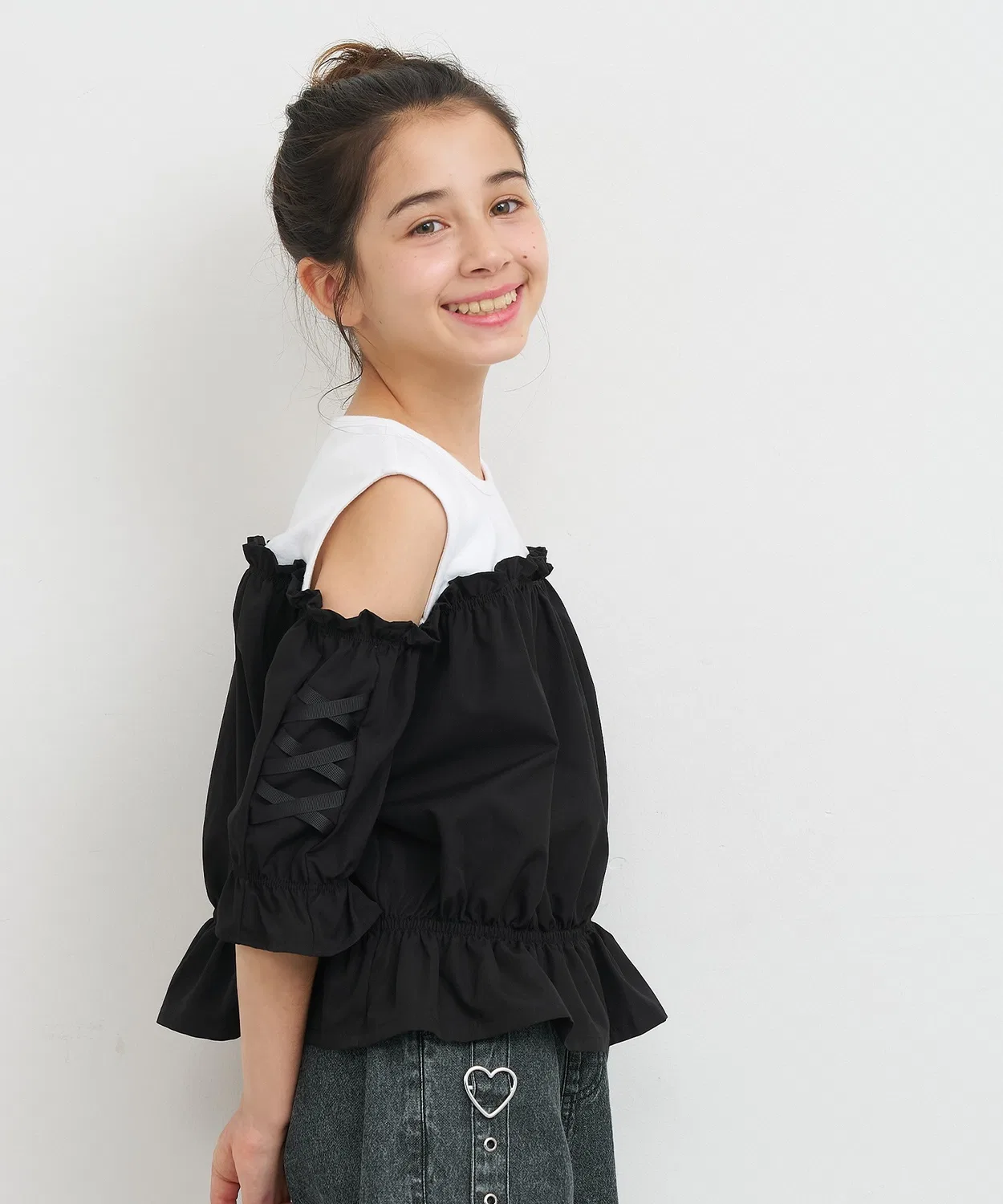 Coca（coca） Детская блузка с открытыми плечами и бантом coca, Black — фото 3
