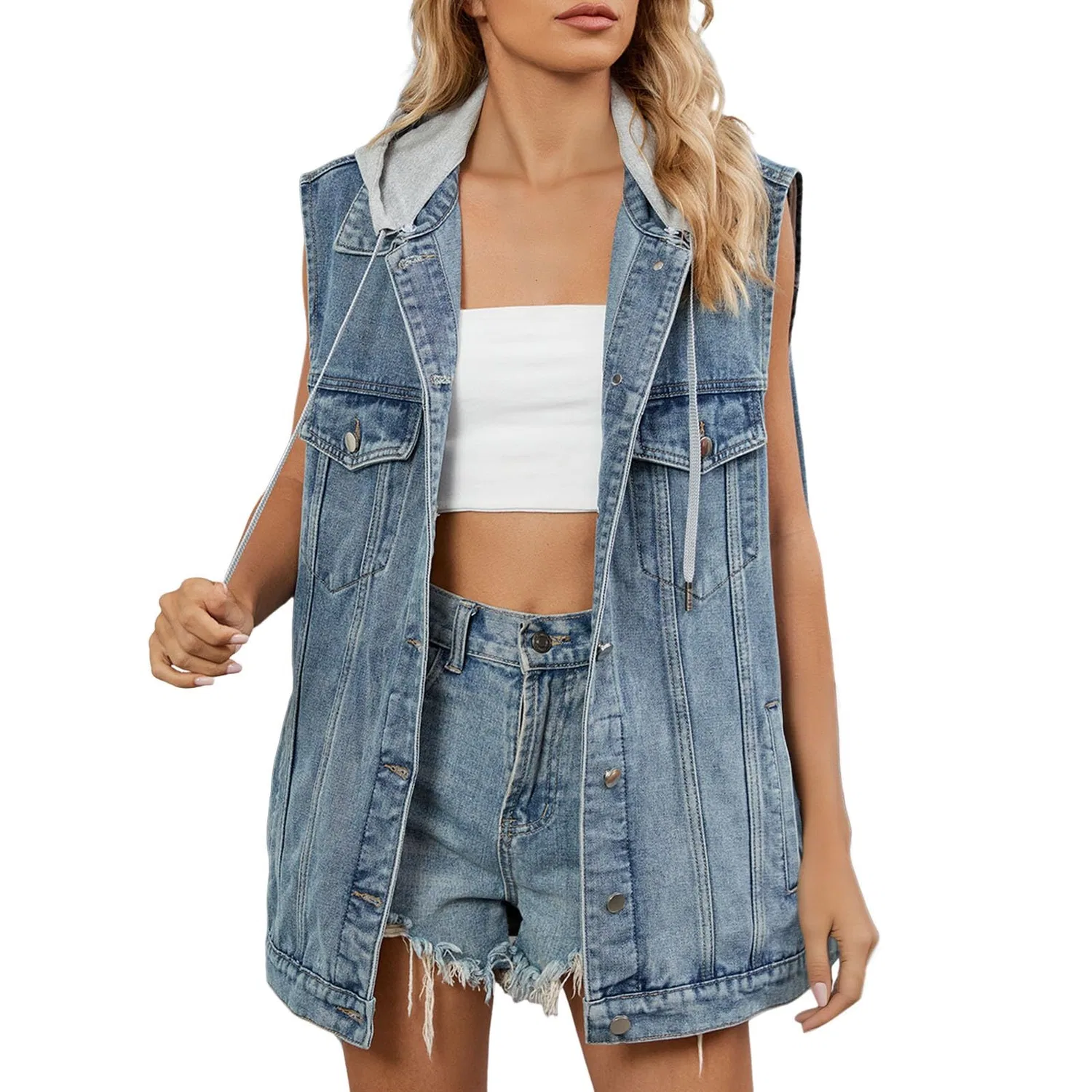 Женская джинсовая куртка с принтом Denim da Casual Corta Elegante con Tasche Jacket Moda Cappotto per Primavera Autunno Regalo, Azzurro