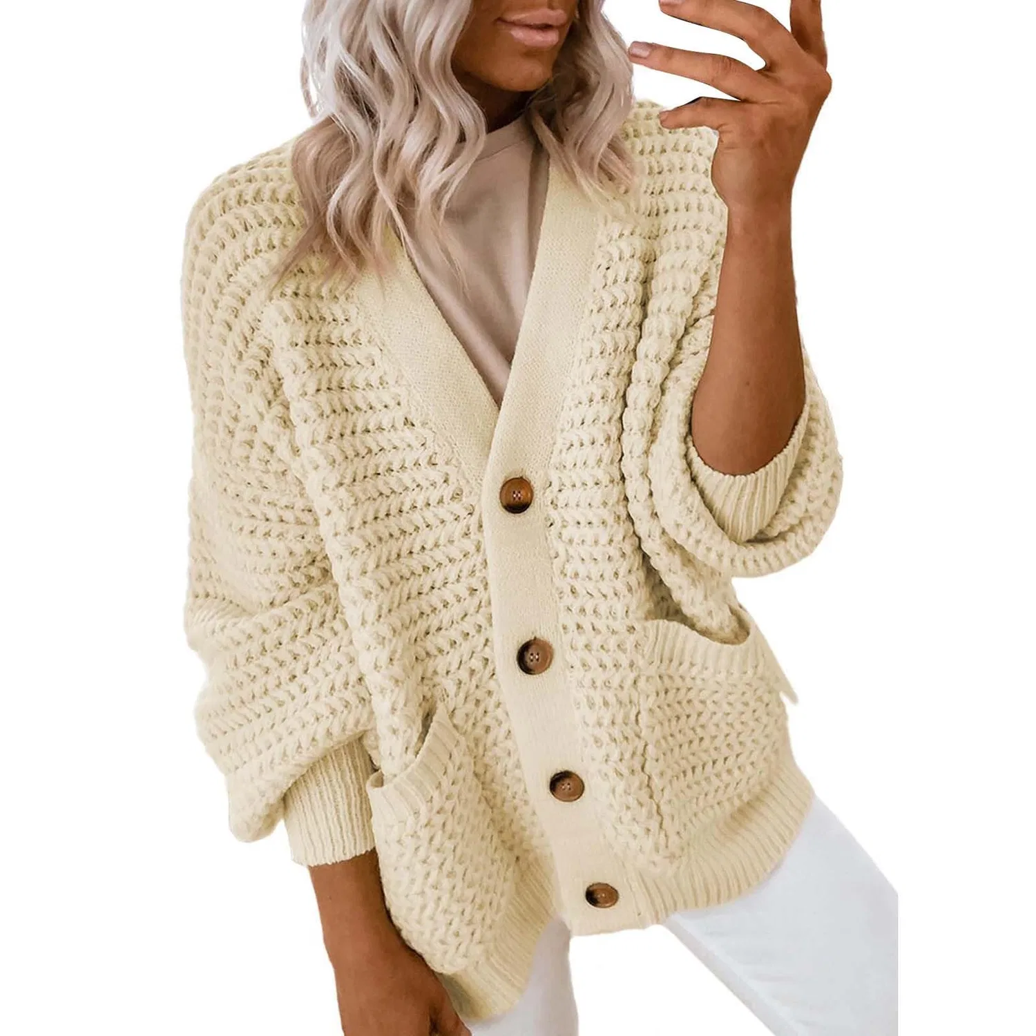 Женское пальто с длинным рукавом, без воротника, из трикотажа, Beige