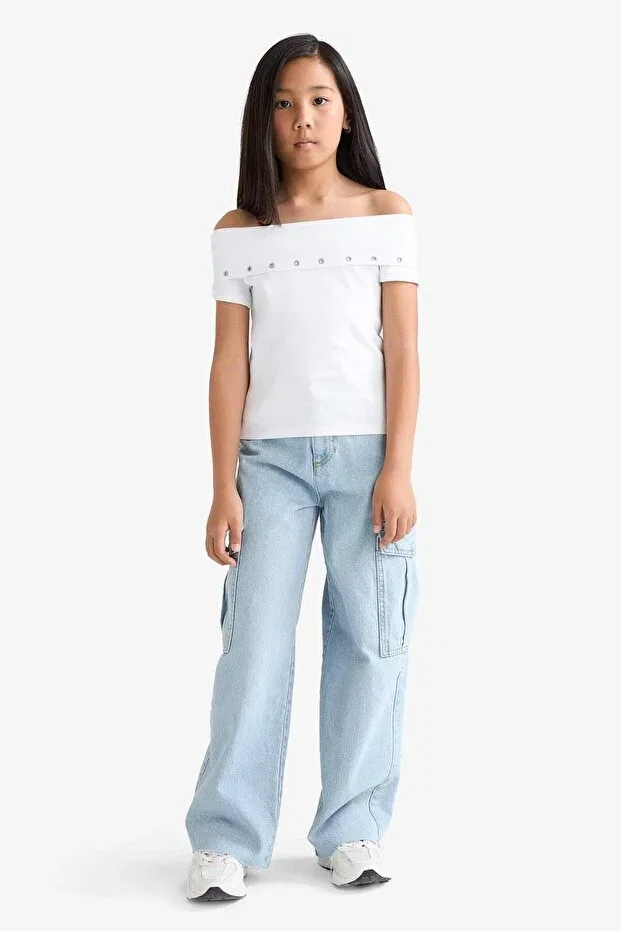 Детская футболка для девочек с принтом Slim fit narrow cut off-shoulder printed rib knit short sleeve t-shirt girls f7130a825au Defacto, White Wt79 — фото 4