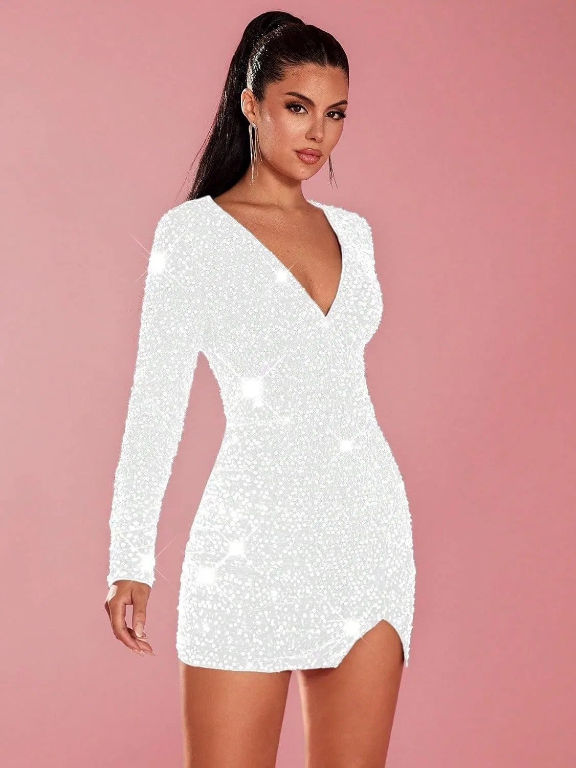 Женское мини-платье с пайетками V-образным вырезом, White — фото 4
