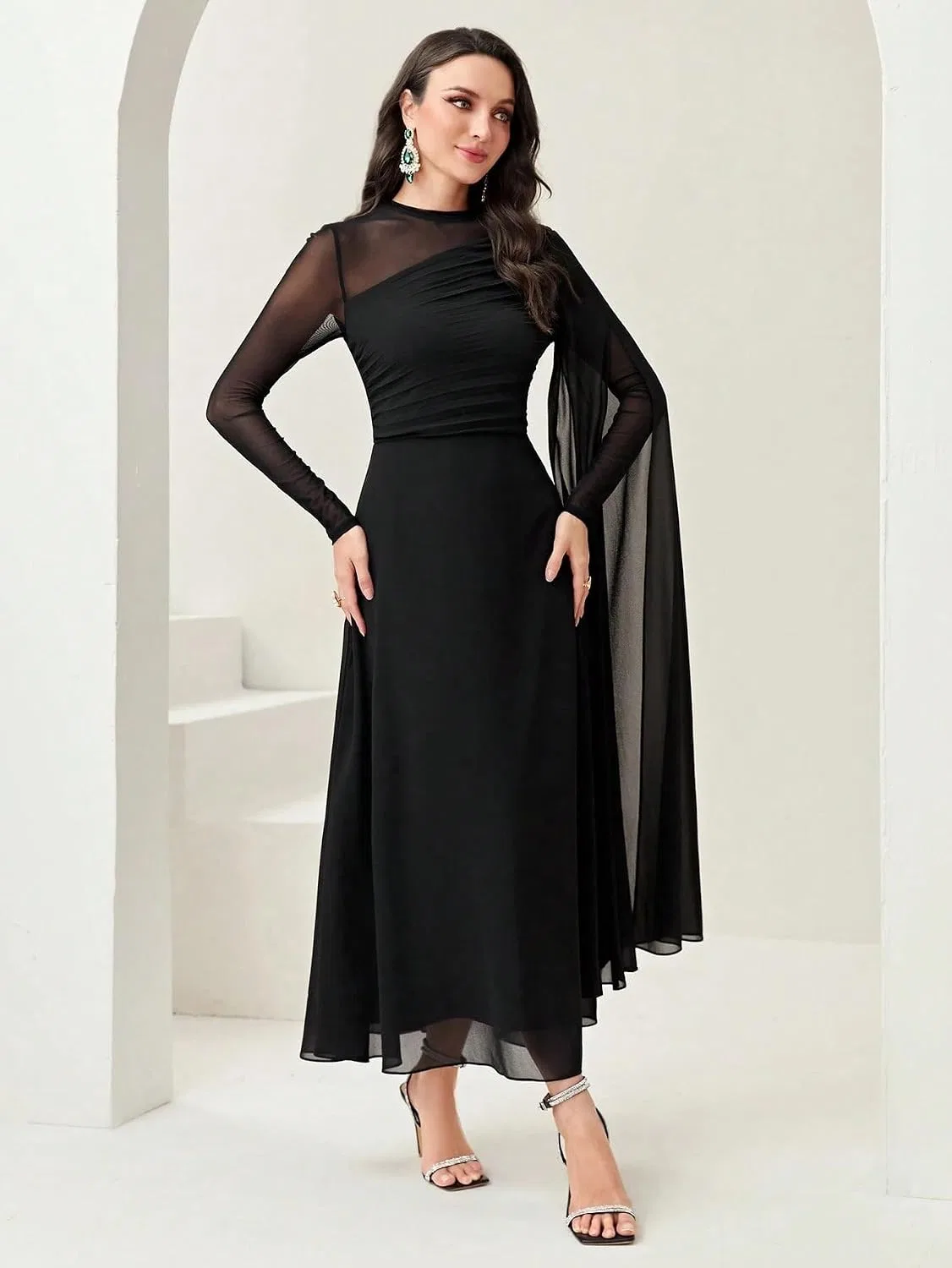 Женское длинное платье A-силуэта с воротником-стойкой, Black — фото 4