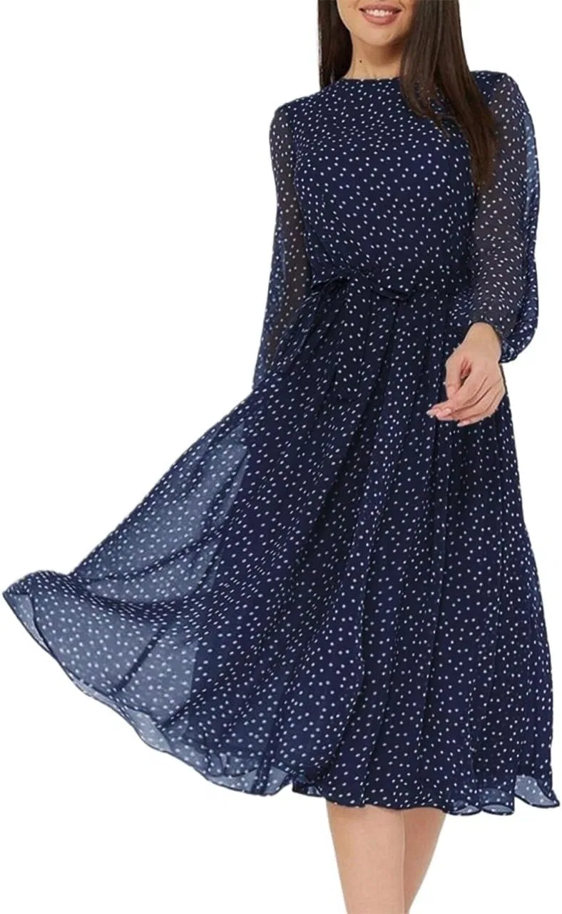 Женское платье с воротником-стойкой и расклешенным силуэтом с принтом, Navy Blue