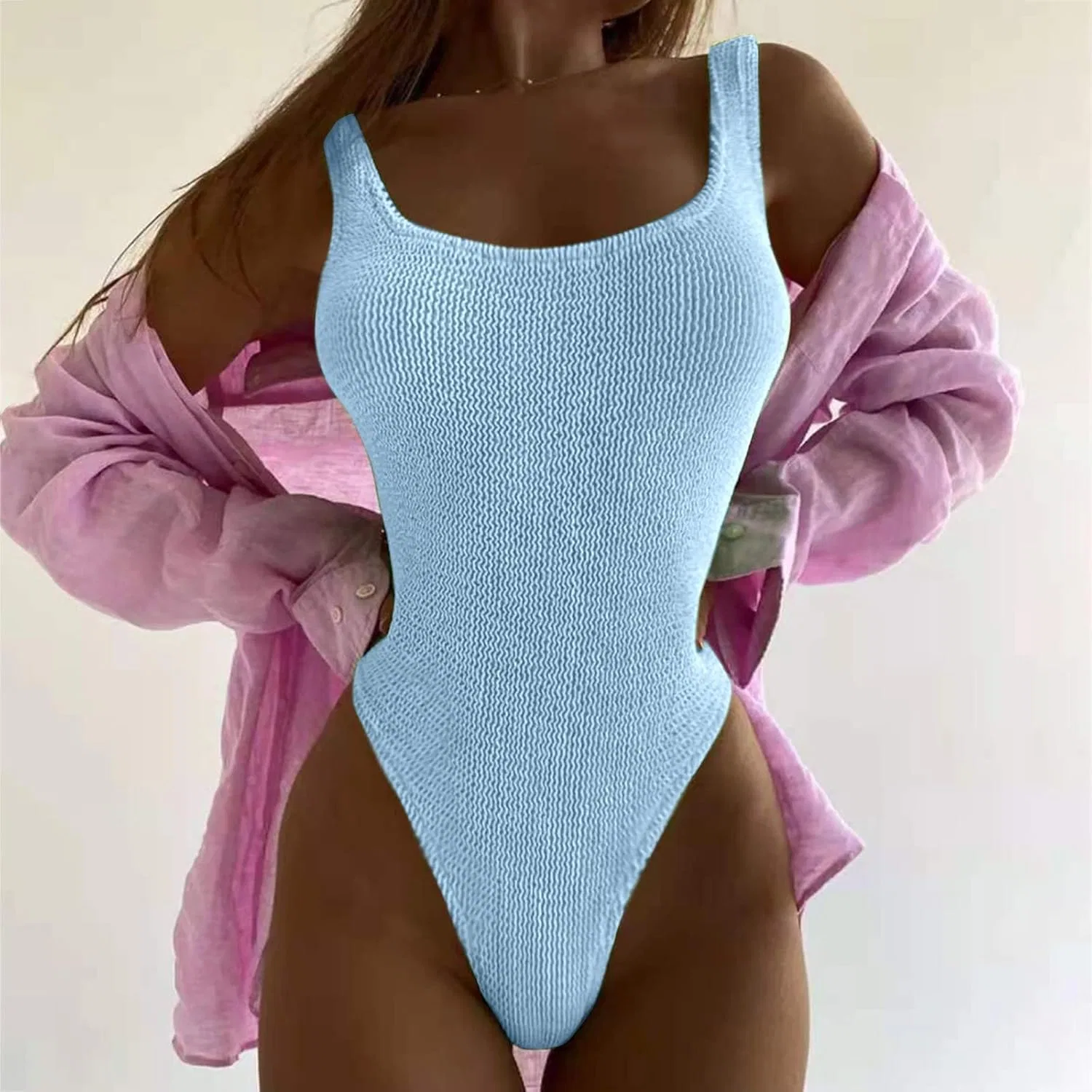 Женский слитный купальник с высокой талией и утяжкой живота, Solid, Blue — фото 2