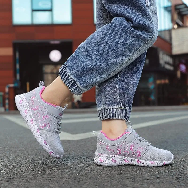 Детские кроссовки для девочек с принтом Unicorn GEERX, Light Grey Hot Pink — фото 2