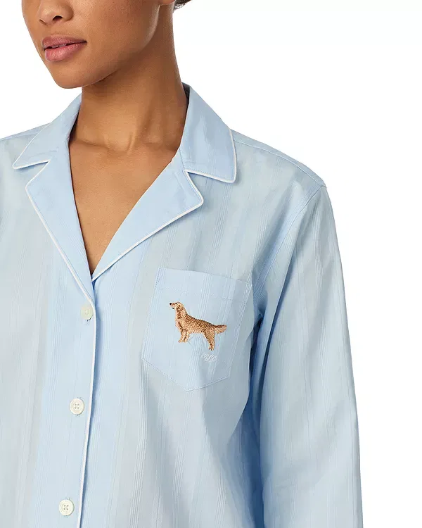 Женская пижама с принтом Dog Embroidery Textured Woven Long Sleeve Notch Collar Long Pant Pajama Set Ralph Lauren, Light Blue Stripe — фото 2