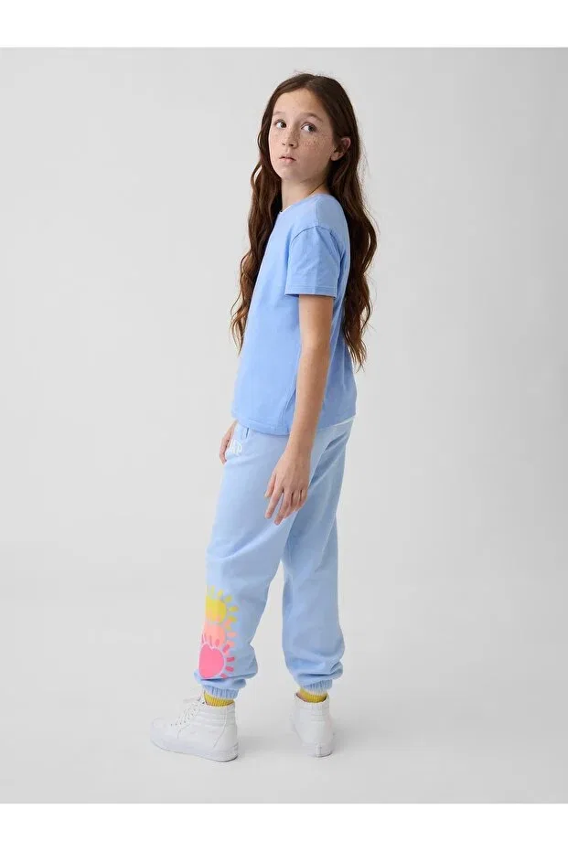 Детские спортивные штаны для девочек с принтом французский терри Logo Gap, Light Blue — фото 3