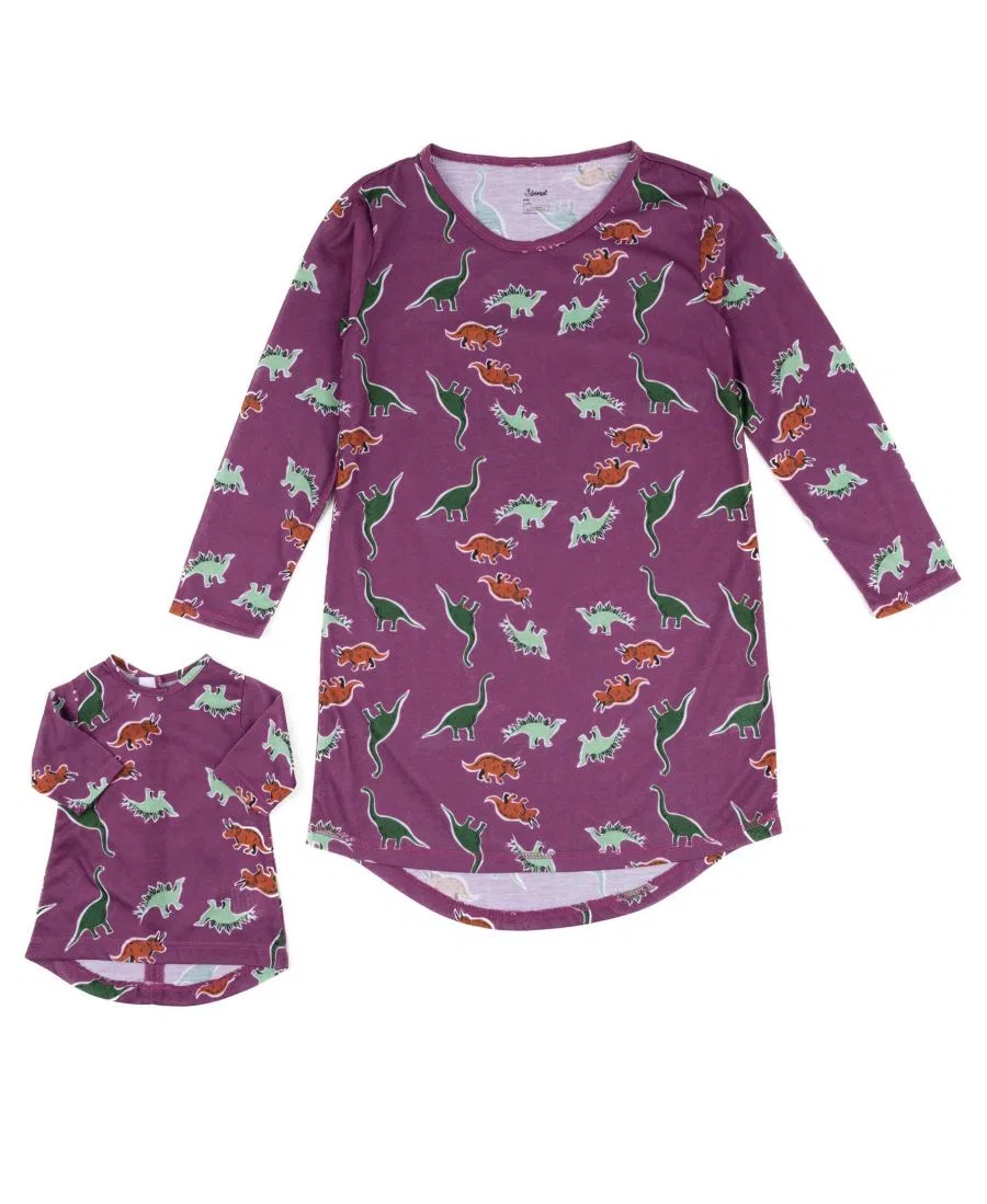 Комплект ночных рубашек для девочек и куклы, с длинным рукавом Leveret, Dinosaur Purple — фото 2