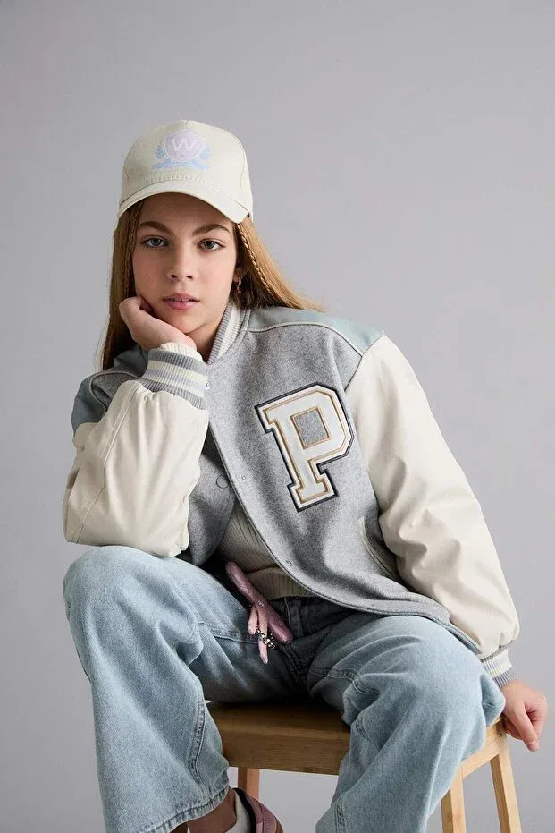 Детское пальто-бомбер с принтом для девочек College Collar Back Printed Bomber Coat Defacto, Gray-Gr379