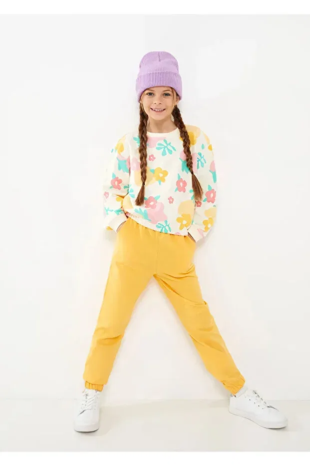 Детский спортивный костюм для девочек с принтом Floral patterned girl's cotton tracksuit set Vitmo, Sarı — фото 2