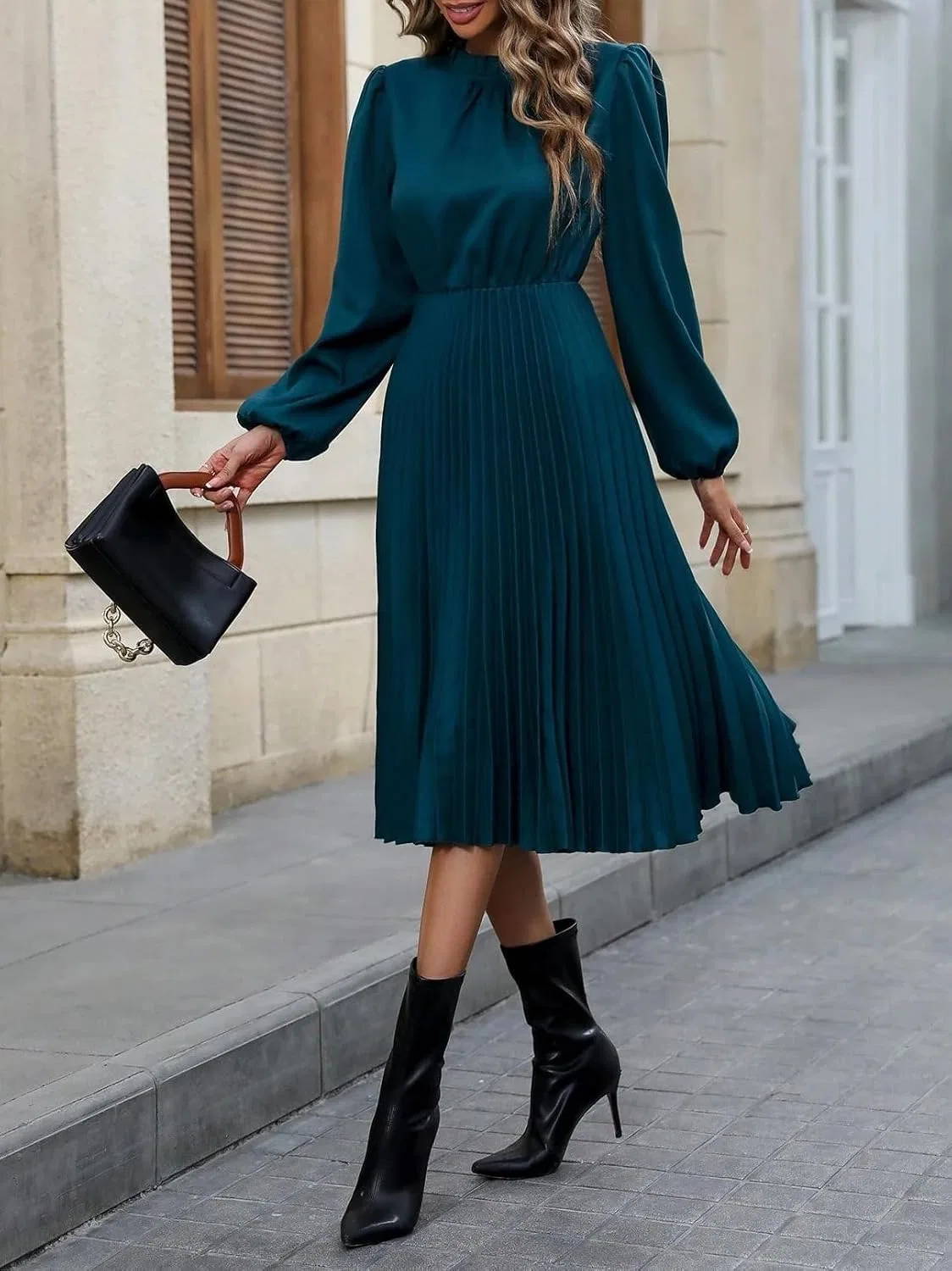 Женское A-силуэт платье миди с плиссировкой, Teal Blue — фото 4
