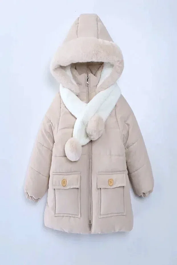 Детское зимнее пальто для девочек с капюшоном из овчины Dekubaby, Beige