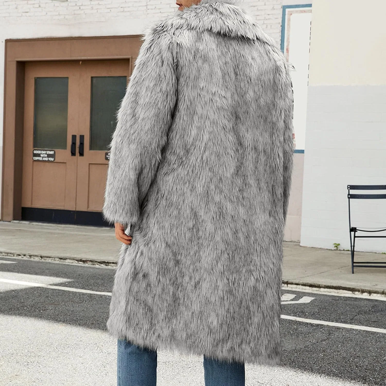 Мужское пальто из искусственного меха, длинное, Oversize, светло-серый — фото 4