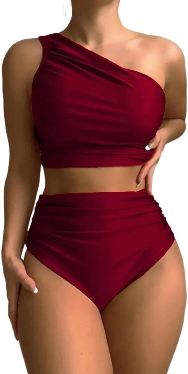 Женский купальный костюм с асимметричным плечом High Waisted Two Piece Bikini Set, Burgundy