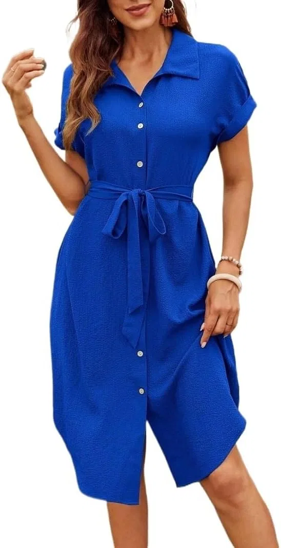 Женское повседневное платье-рубашка свободного кроя с поясом, Royal Blue
