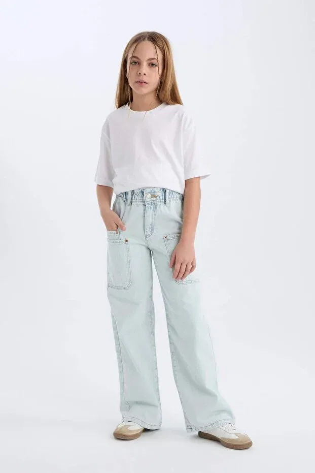 Детские брюки для девочек широкие с карго-карманами Paperbag cargo wide leg cotton trousers girls d7110a825sp Defacto, Blue-nm63 — фото 2