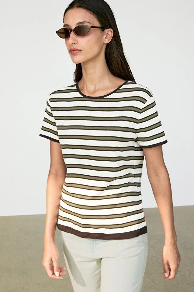 Женская футболка с полосками с коротким рукавом Massimo Dutti, Khaki