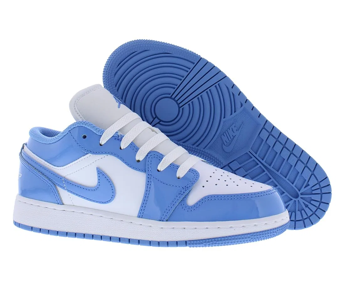 Детские баскетбольные кроссовки для мальчиков с кожаным верхом NIKE Air Jordan 1 Low (GS), White Blue Legend — фото 2