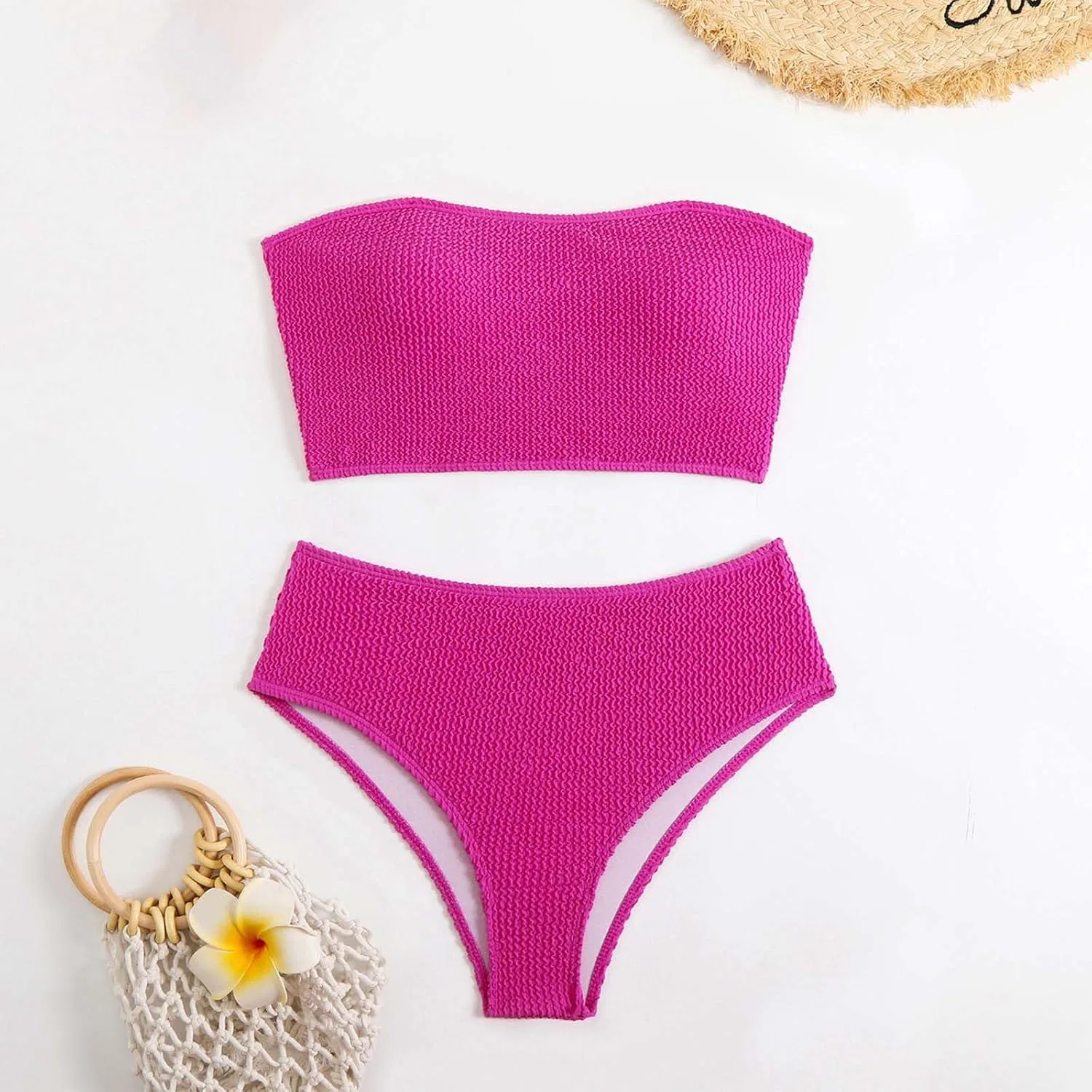 Женский бикини-комплект с завышенной талией Ribbed Shoulder, Hot Pink — фото 4