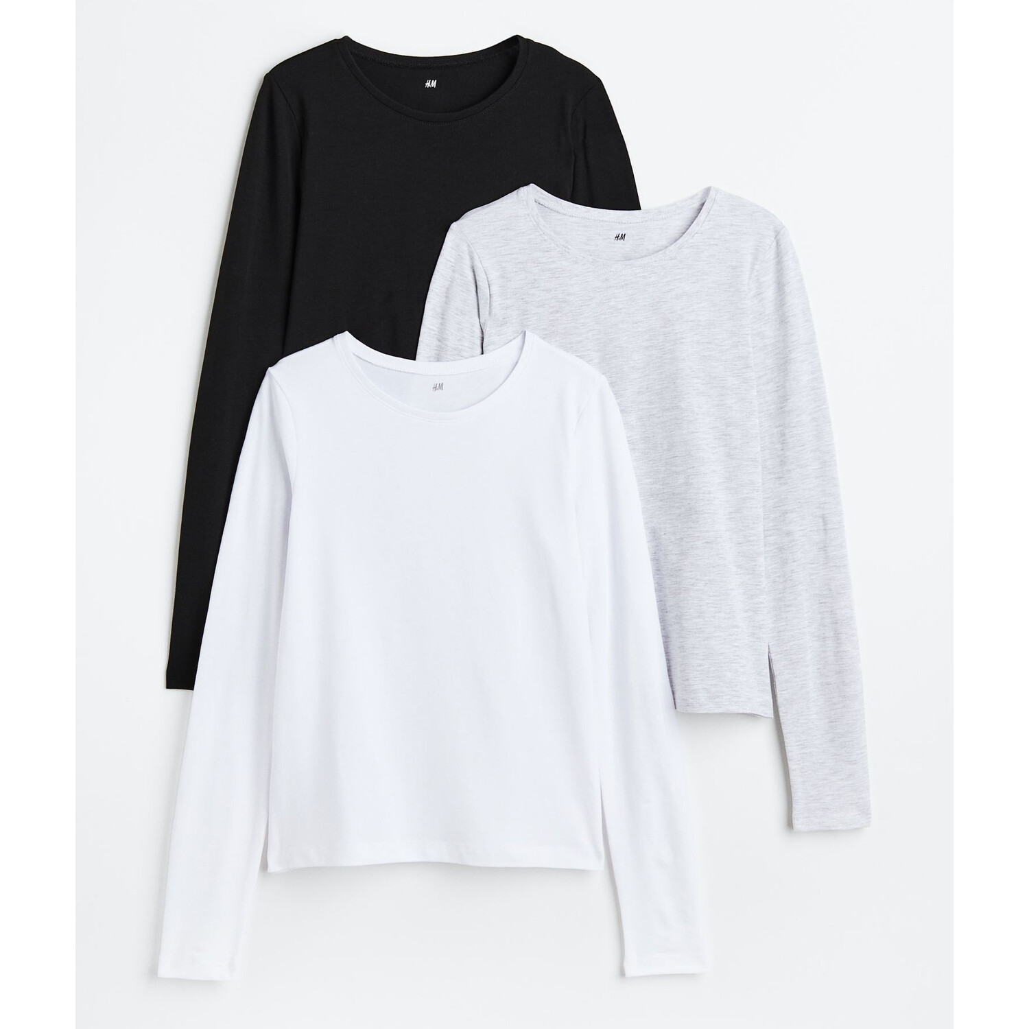 

Комплект из 3 трикотажных лонгливов H&M Basics Solid-color, белый/черный/светло-серый меланж