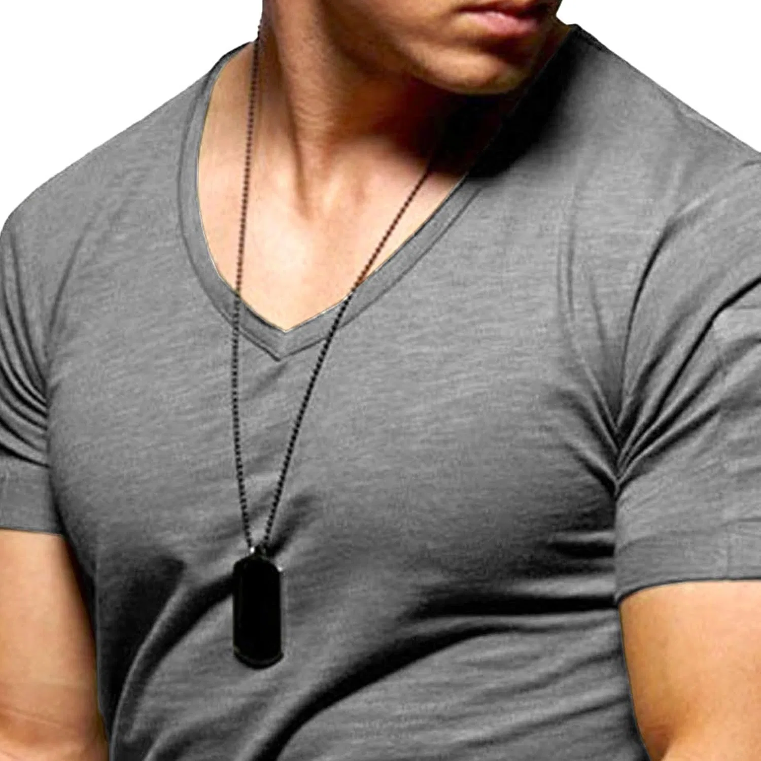 Мужская футболка с V-образным вырезом, с коротким рукавом, Muscle Slim Fit, тёмно-серый — фото 4