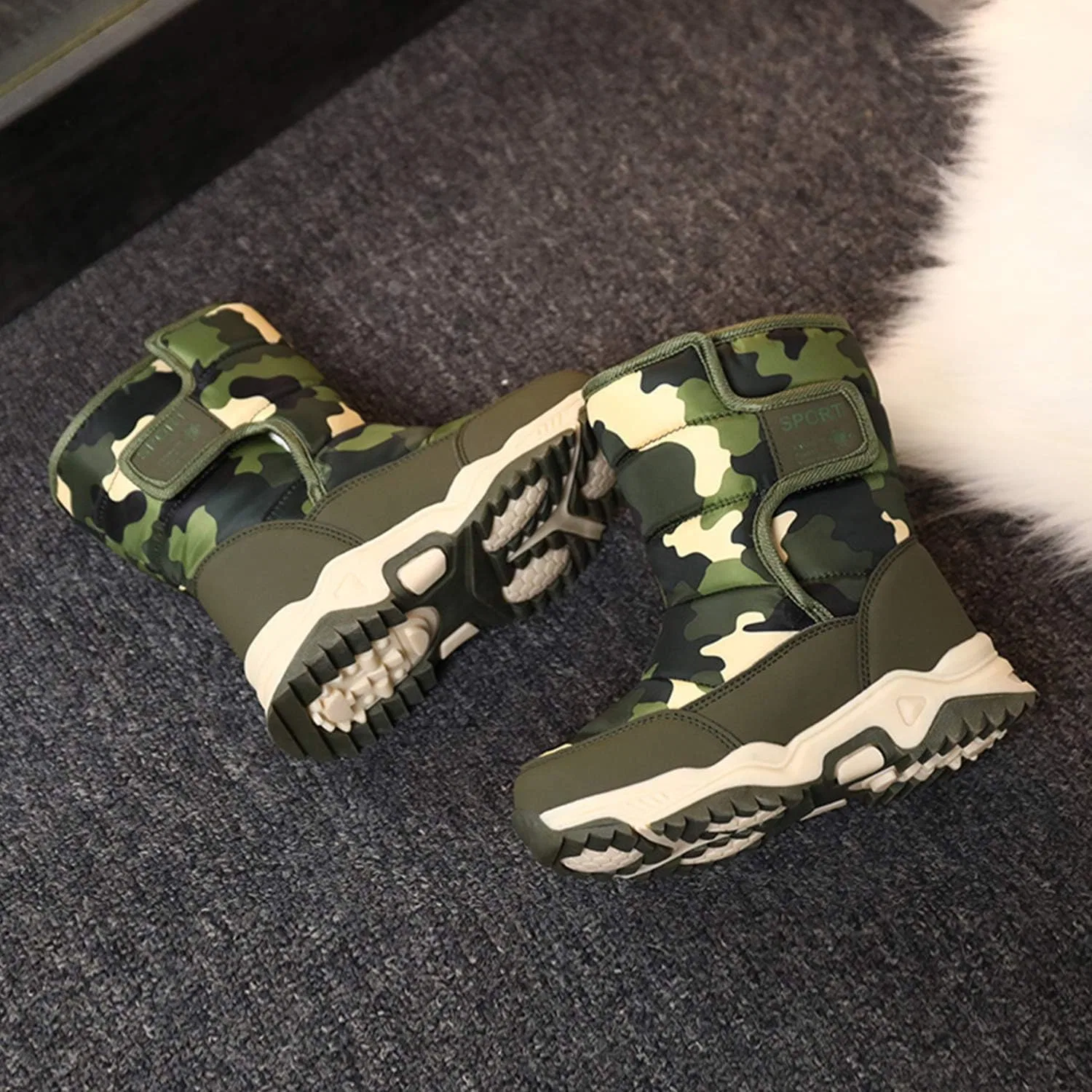 Детские зимние ботинки для девочек и мальчиков с мехом CERYTHRINA, Green Camo — фото 4