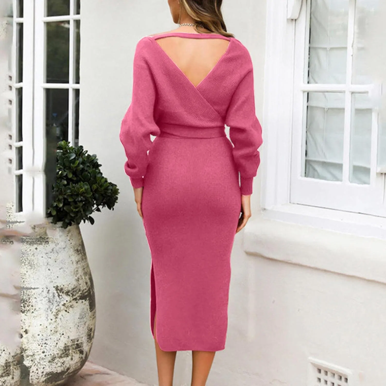 Женское вязаное платье-свитер с воротником-стойкой Bodycon, Hot Pink — фото 3