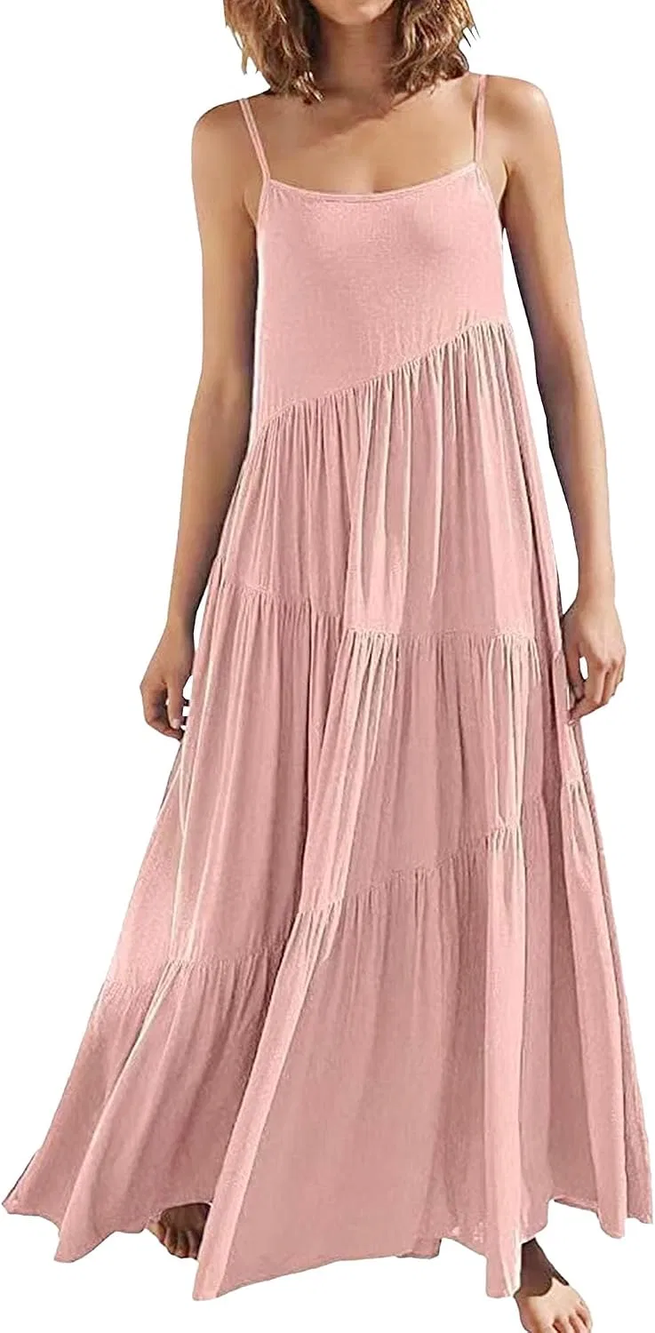Женское летнее платье свободное пляжное асимметричное с плиссировкой, Pink
