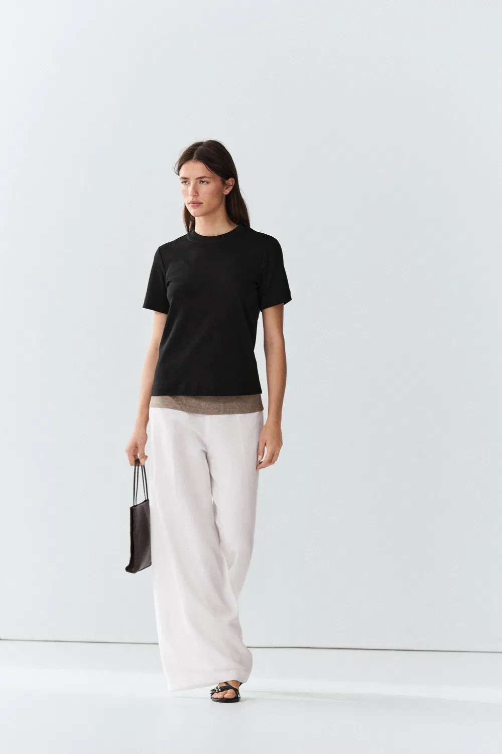 Футболка с круглым вырезом из 100% хлопка интерлок Massimo Dutti, черный — фото 3