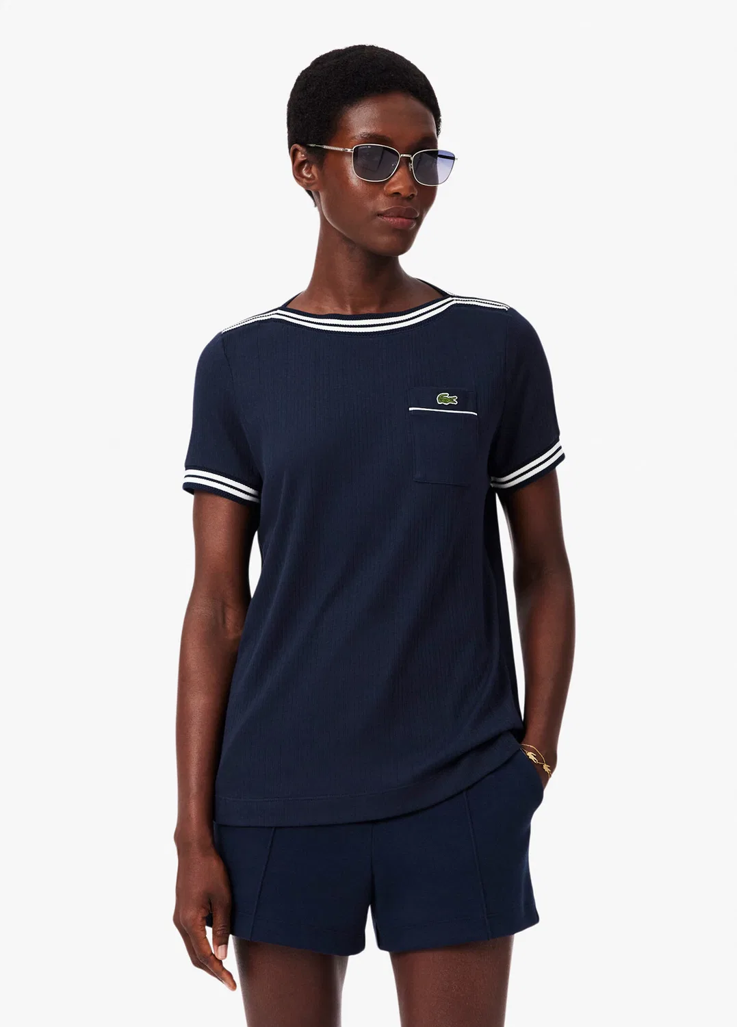 Футболка Lacoste Regular Fit Lacivert-525, полосатый воротник, синяя — фото 2