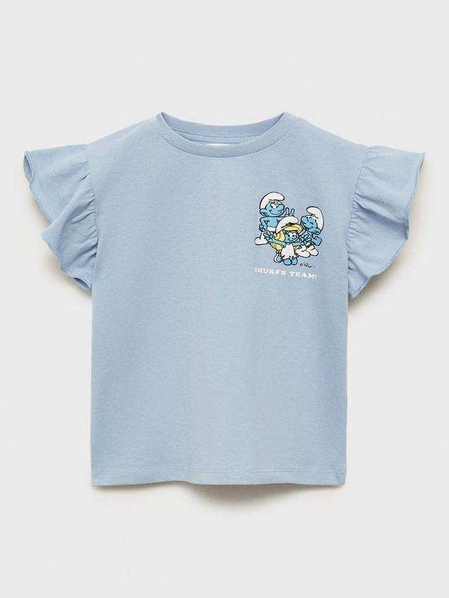

Детская футболка с принтом смурфиков из хлопка Mango, Medium Blue