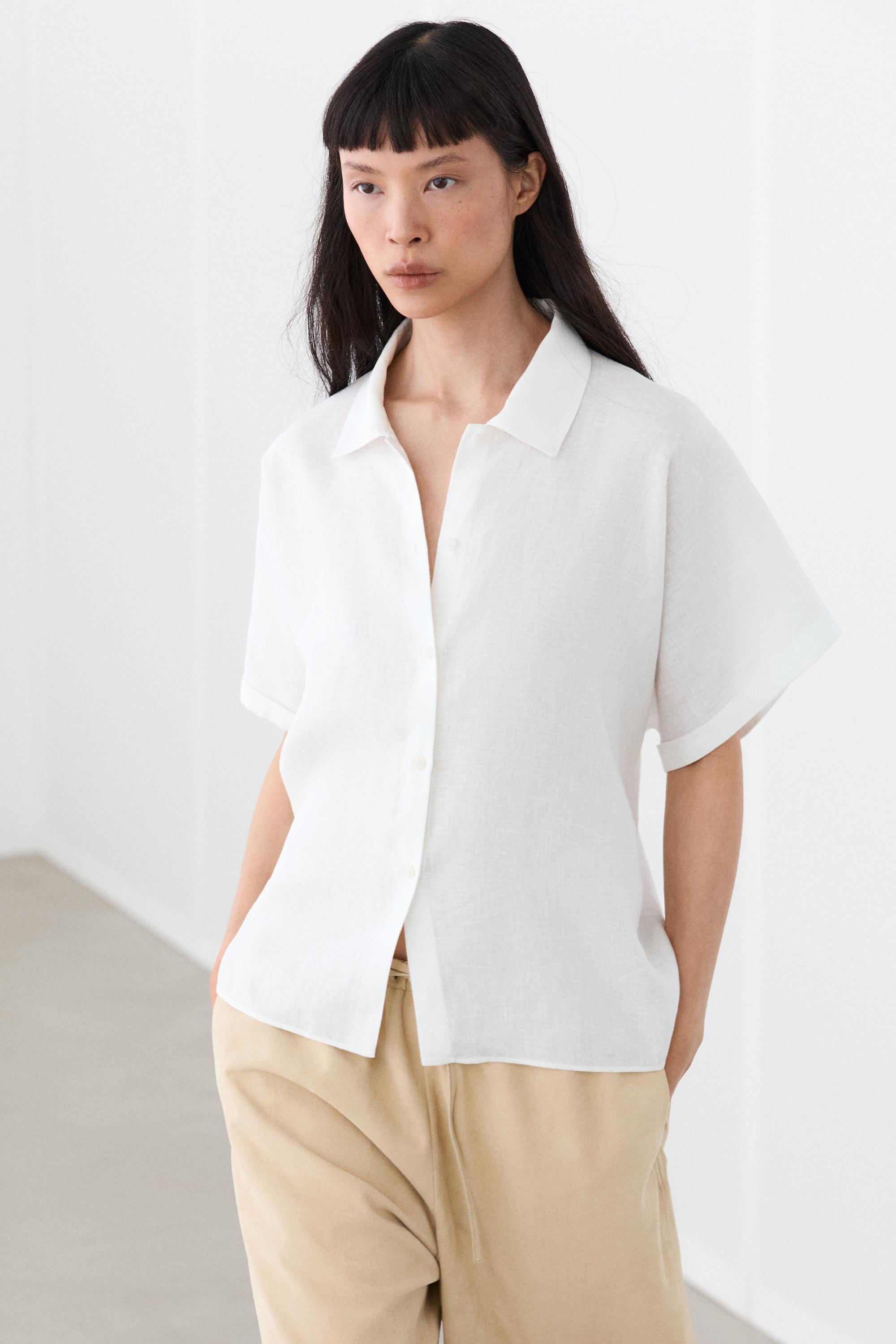 Рубашка  Massimo Dutti 100% Linen Short Sleeve, белый — фото 3