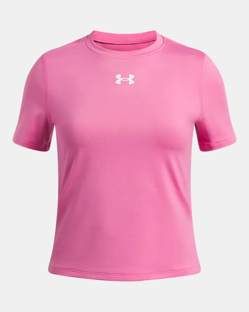 Футболка с коротким рукавом для девочек влагоотводящая HeatGear UnderArmour, Pink Frenzy/White — фото 4