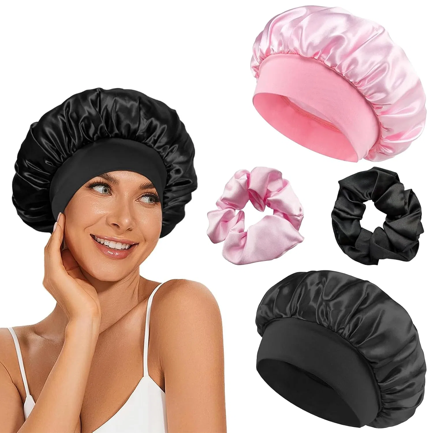 Шапочка для душаs Set, 2 Satin Шапочка для душаs + 2 Headbands, YCICHE, Black + Pink