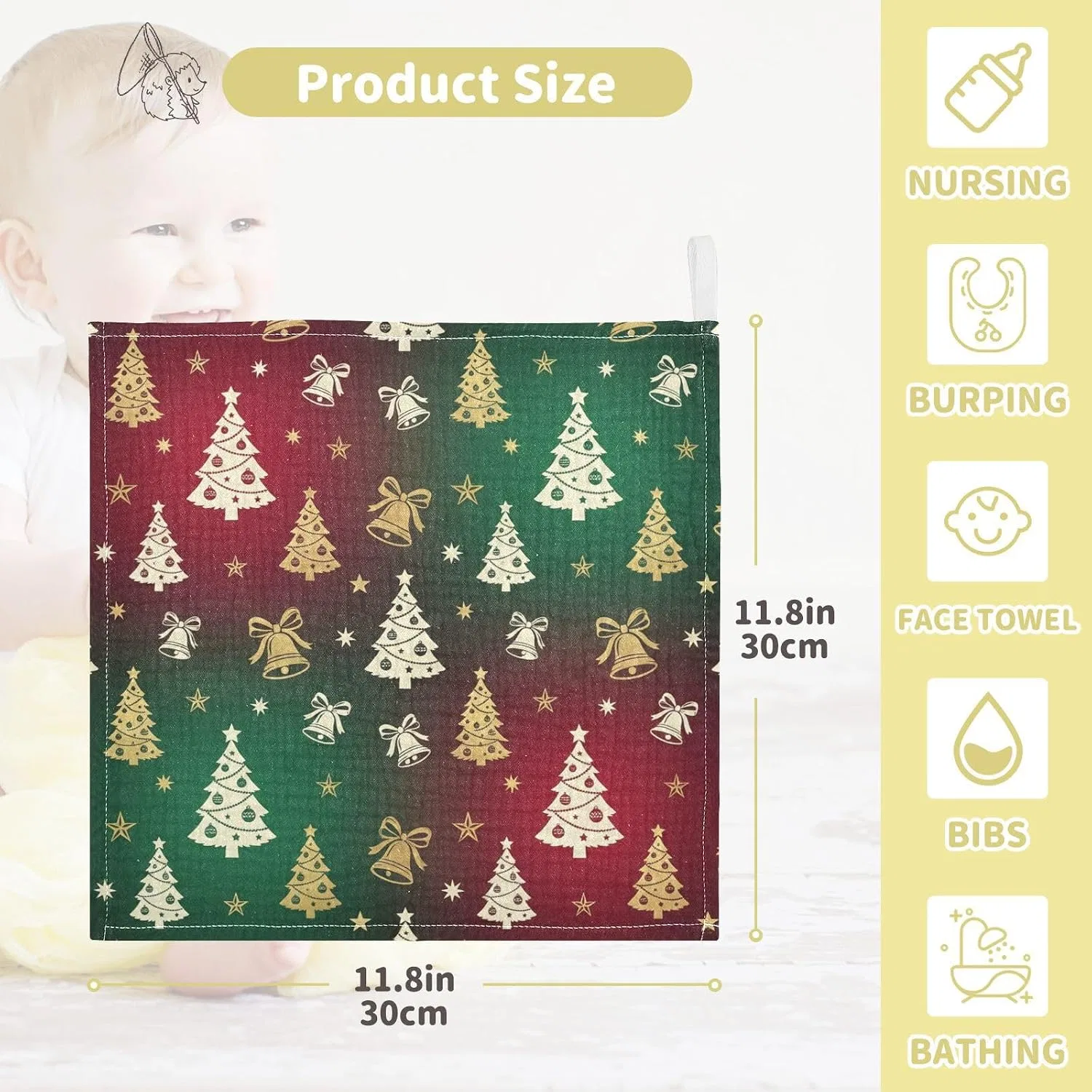 Марлевые салфетки для лица, 100% хлопок, GuoChe, набор 5 шт, 30x30 см, Christmas Tree Pattern — фото 4