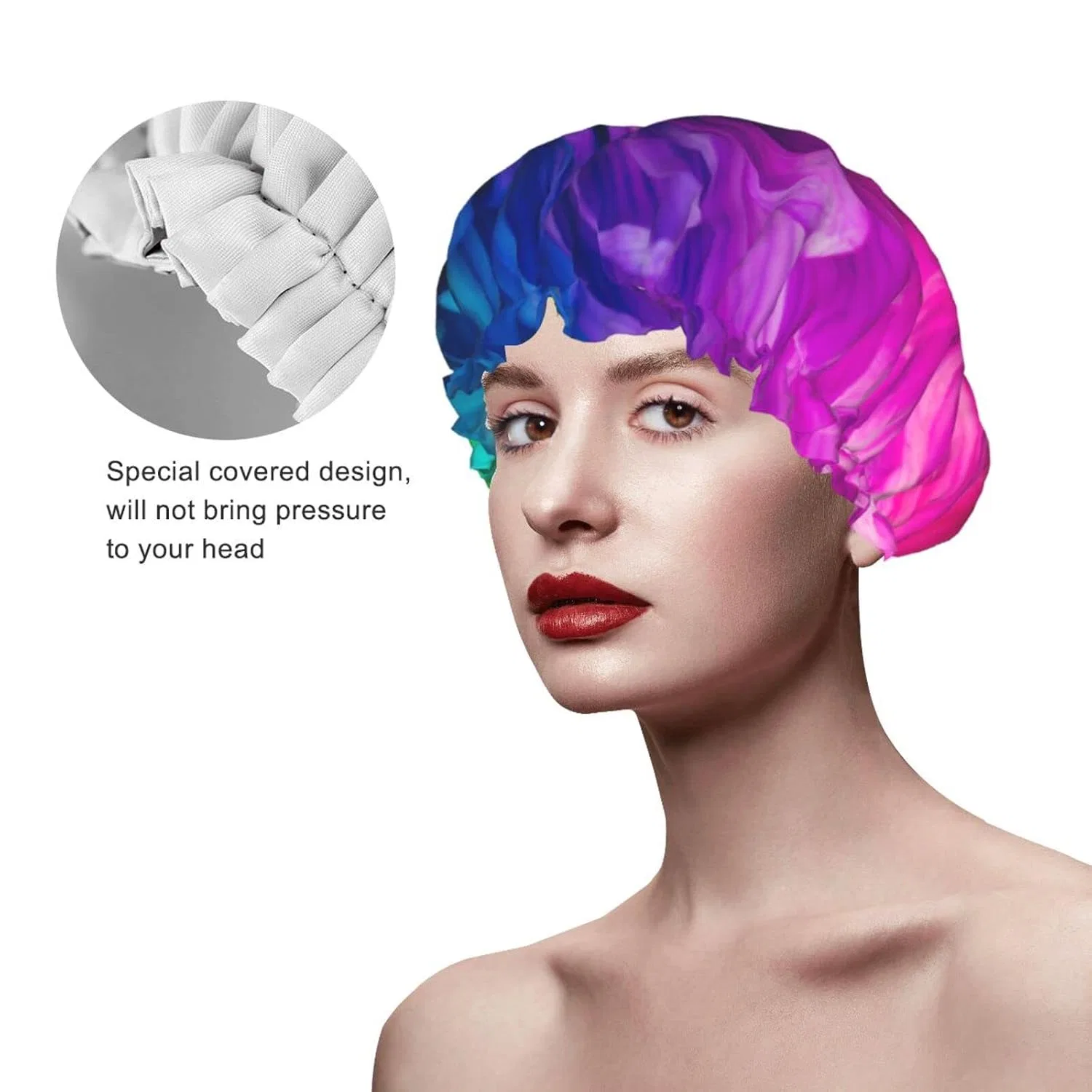 Шапочка для душа с принтом Rainbow Flowers Chrysanthemum, MORYEN, двойной слой, водонепроницаемая, многоразовая — фото 4