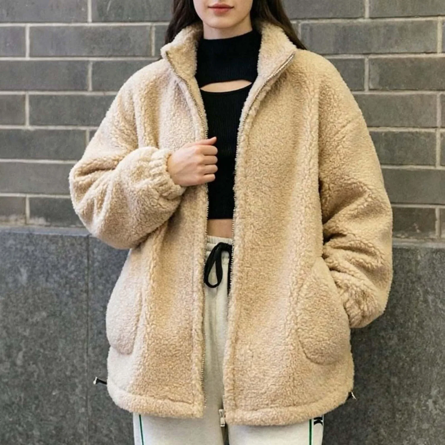 Женское пальто из флиса с длинным рукавом, модель Oversize, бренд, Beige — фото 3