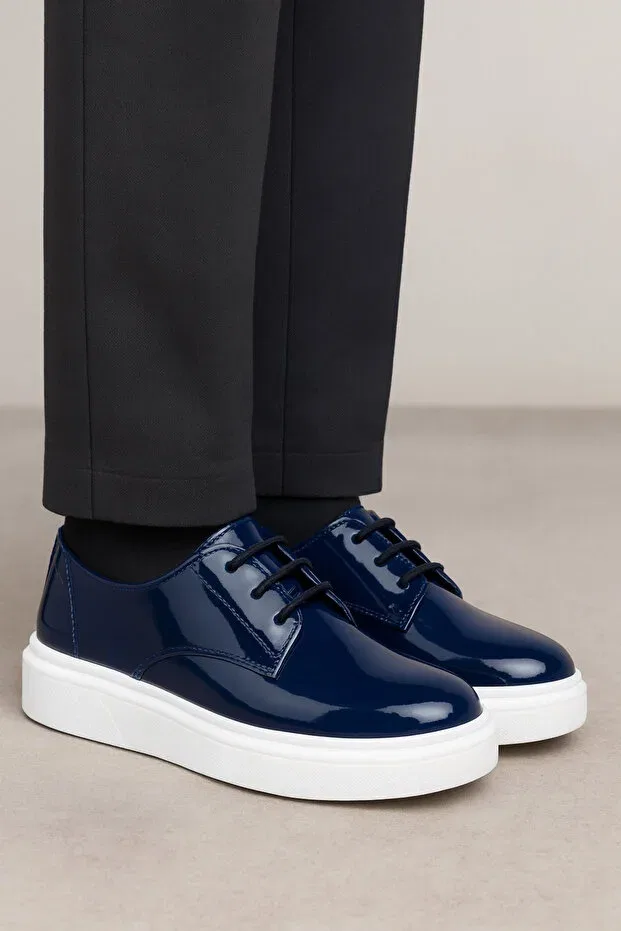 Детские туфли для девочек с коротким каблуком из лакированной кожи Jojo Kids, Navy Blue Patent Leather