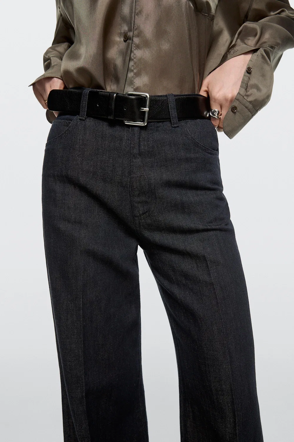 Брюки джинсовые Massimo Dutti, палаццо с высокой талией, темно-синий — фото 4