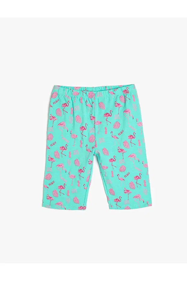 Детские леггинсы для девочек с принтом Short leggings with flamingo print, elastic waist, cotton Koton, Turquoise Patterned