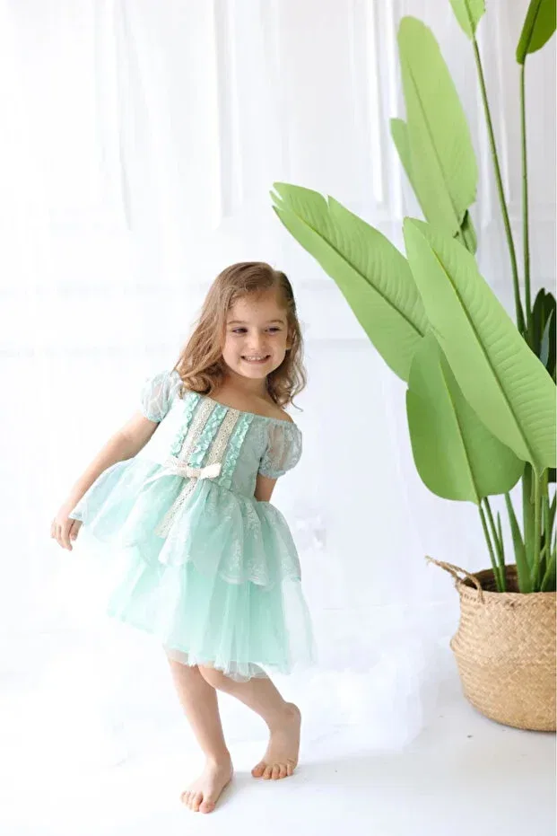 Детское платье для девочек с цветочным принтом Magnolia girl's dress Aysskids, Water Green — фото 3