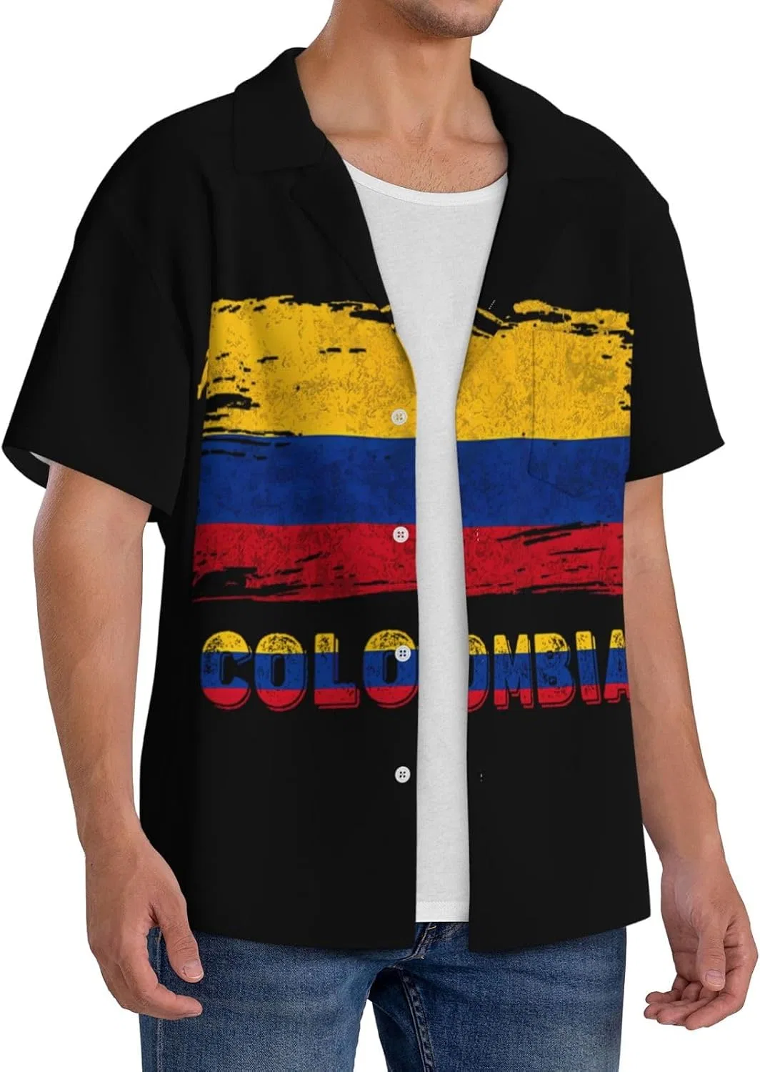 Мужская свободная рубашка с коротким рукавом Cuba воротник Colombia Flag, Black — фото 2