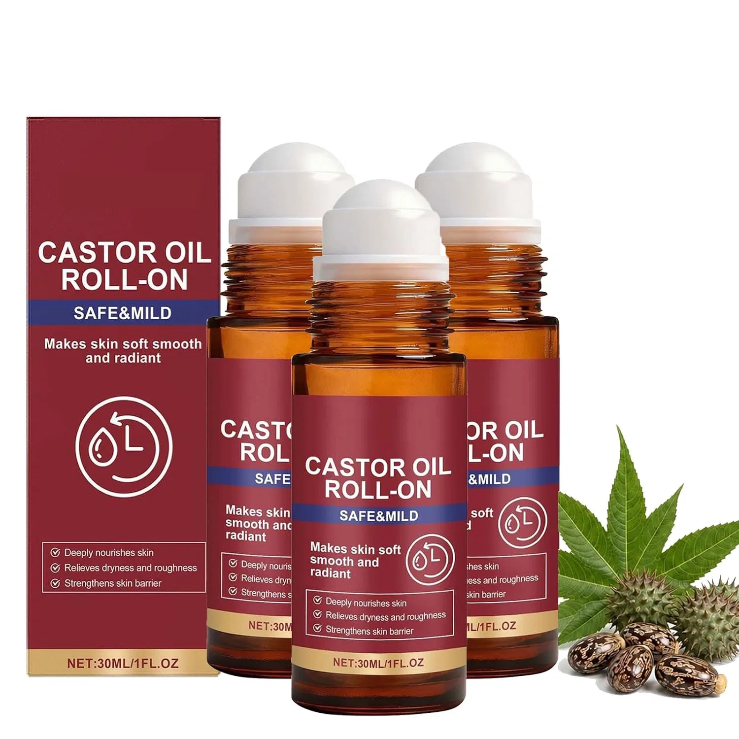 Масло для тела и лица Organic Castor Oil Rose Quartz Roller Ball, Generisch, 3PCS, 85 г
