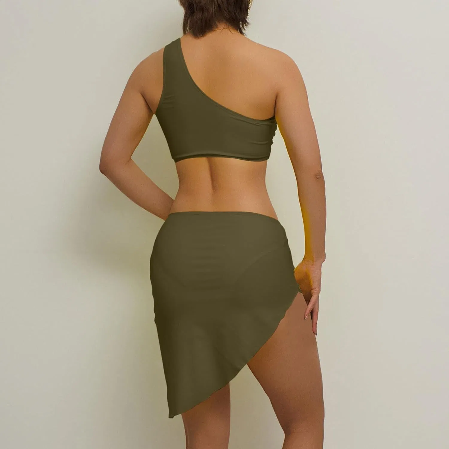 Женский бикини-сет с завышенной талией и юбкой, Army Green — фото 3